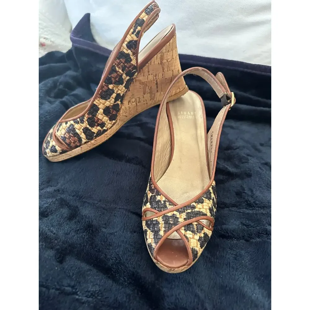 STUART WEITZMAN LEOPARD ANIMAL PRINT RAFFIA WEDGE SANDALS ESPADRILLES